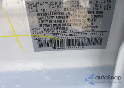 2025 Nissan Sentra Sv z USA, uszkodzony, nr VIN 3N1AB8CV3SY364946